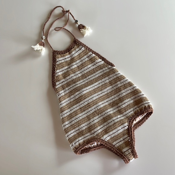 SHE MADE ME Other - She Made Me Crochet Swimsuit Brown Tan White Stripe Sz S/M